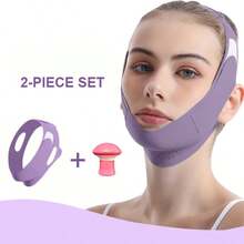 2pcs V-Face Double Strap Compression + Silicone Trainer, Face Lifting Band, Beauty Double Chin Shaper, Elastic Breathable Purple - Purple - View 1
