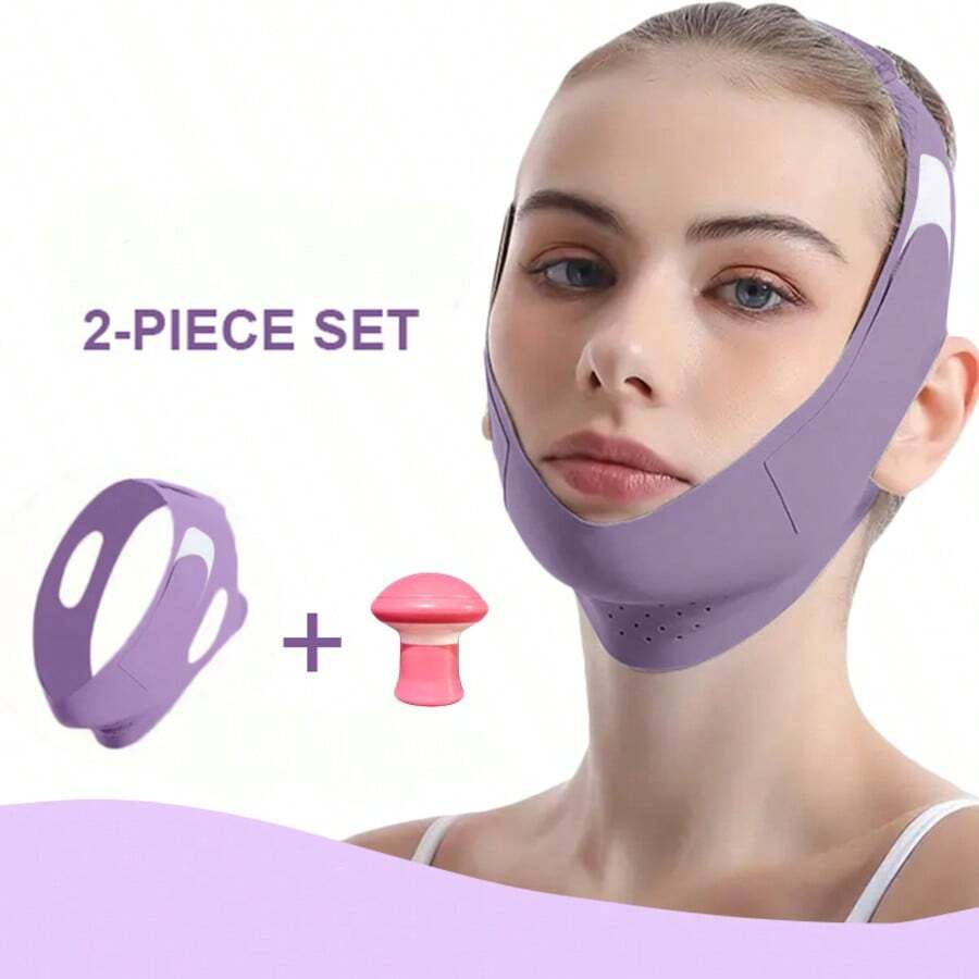 2pcs V-Face Double Strap Compression + Silicone Trainer, Face Lifting Band, Beauty Double Chin Shaper, Elastic Breathable Purple - Purple - View 1