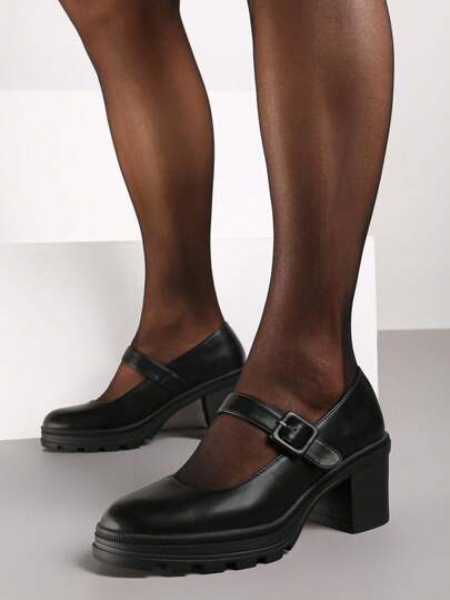 Mary Jane Heeled Platform Shoes With Strap