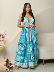 SUMMER DRESS WITH VARIOUS COLOR PRINT, LONG VISCOLINHO, OPENING ON THE BACK, V-CUT, STRAPS - 藍白色 - 查看 3