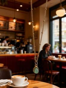 1pc Minimalist High-End Green Water Drop Pendant Stainless Steel Beaded Necklace, Suitable For Daily Wear, Best Gift For Women