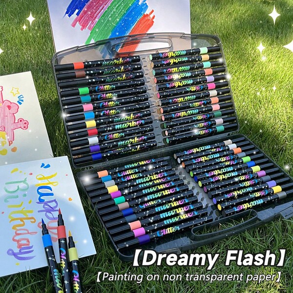 12/24/36/48pcs Set Glitter Highlighter Pens, Vibrant Stationery Markers For Students, Artists, Painters - Acrylic Tip Markers, Glitter Markers, Metallic Markers, Great For New Year, Christmas Gifts