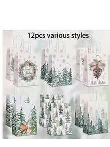 24pcs Christmas Holiday White Gift Bags | High-Quality Kraft Paper Tote With Pine Trees, Snowflakes, And Deer Pattern,Christmas Gift Bags(1/6/12/24pcs) - Multicolor - View 12