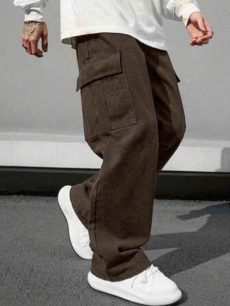 1 件男士多口袋纯色工装裤，休闲沙滩裤适合日常通勤、运动训练、户外活动、健身房健身慢跑、街头服饰、直筒裤、夏季