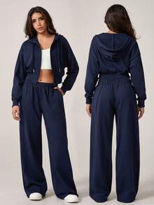 NcmRyu 1 套女士时尚抽绳连帽夹克，带口袋和拉链，阔腿裤运动套装 - 藏蓝色 - 查看 1