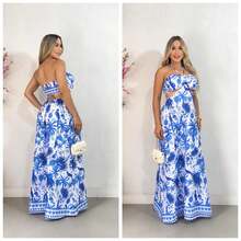 Printed Long Dress With Padded Summer 4 Ways To Wear - 藍白色 - 查看 2
