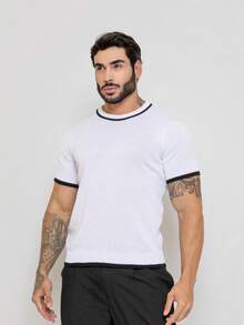 Men's Rib Knit Short Sleeve T-Shirt Round Neck High Stretch Regular Fit Tee - White - View 5