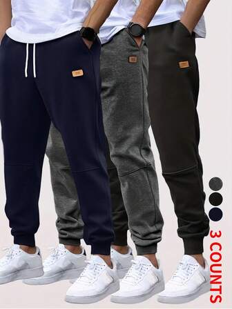 3 piezas Pantalones deportivos casuales, cómodos y transpirables para hombres con cordón en la cintura y bolsillos, para correr, hacer ejercicio y entrenar