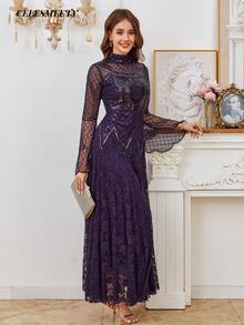 Royal Purple Sequin Beaded Embroidered Dress For Women, Rose Pattern Lace Hem, Long Sleeve Dress - Purple - View 6