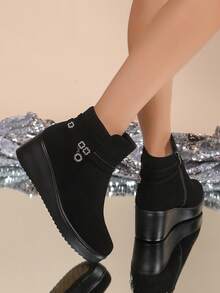 Botas femininas pretas de cano curto, salto plataforma, zíper lateral, minimalistas, versáteis, adequadas para deslocamento no outono/inverno - Preto - Ver 5