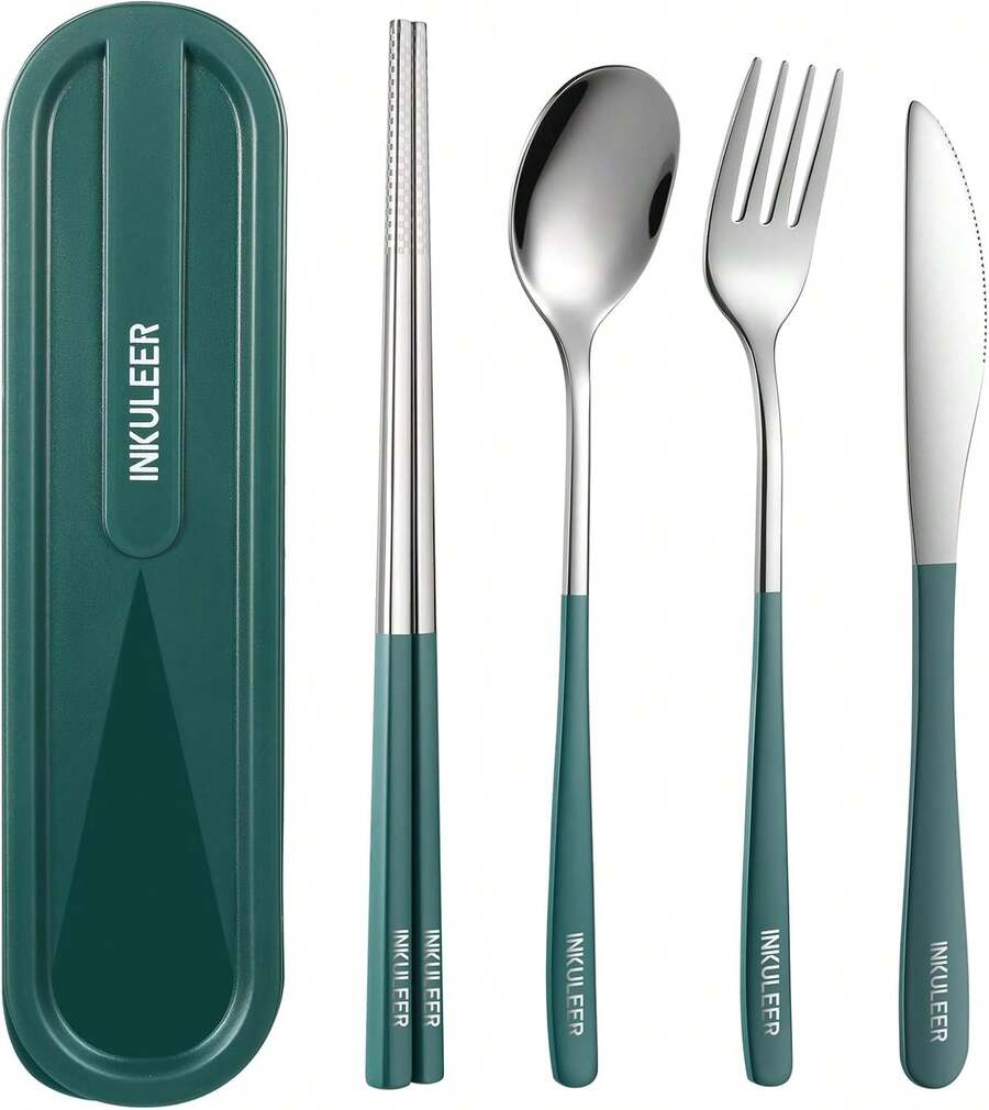 Juego De Cubiertos De Viaje, Cubiertos De Acero Inoxidable 18/8, Juego De Utensilios Reutilizables Con Estuche, Lonchera PortáTil Para Camping Y Oficina (Verde/Juego De Cuchillos) - Juego de cuchillos verde - Ver 1