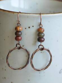2pcs Vintage Handmade Beaded Wooden Bead Geometric Circle Boho Style Hoop Earrings For Women, Party - Multicolor - View 4