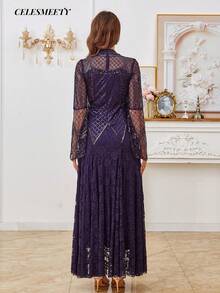 Royal Purple Sequin Beaded Embroidered Dress For Women, Rose Pattern Lace Hem, Long Sleeve Dress - Purple - View 7