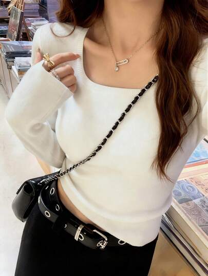Square Neck Long Sleeve Knit Sweater For Women, Slim Fit Layering Top, Autumn/Winter