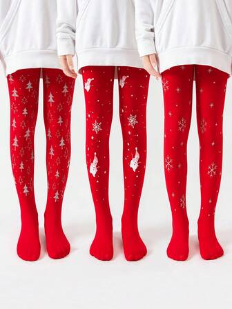 1pc Girls/Kids/Toddlers Solid Color/Contrast Color Tights, Leggings, Dance Stockings, Pantyhose With Cartoon Snowflake, Polka Dot, Christmas Tree, Snowman Patterns, Christmas Themed, Heat Transfer, Printed Leggings, High Stretch Footless Tights, Dance Pants, Suitable For Daily Wear, Christmas, School/Cute Style, Dance Pants, Spring/Summer/All Season Regular, Soft & Comfortable Footless Pants