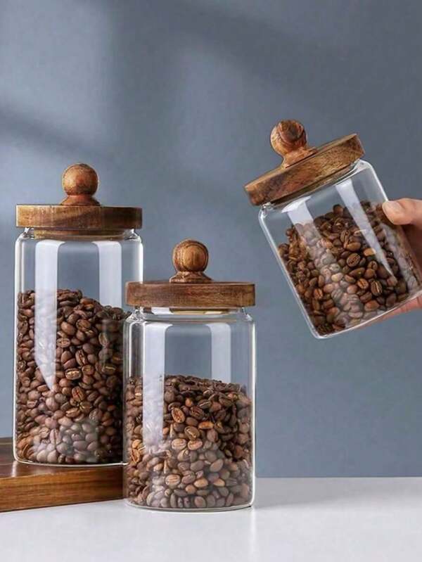 1 szt. Drewniany i szklany słoik do przechowywania, szklany pojemnik kuchenny z drewnianą pokrywką, przezroczysty szklany pojemnik na żywność do spiżarni, cukier, herbatę, ziarna kawy, przyprawy, orzechy