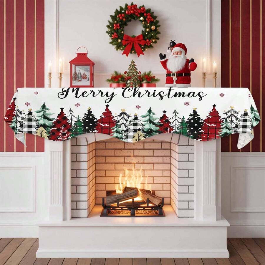Christmas Mantle Scarf Christmas Tree Snowflake Pattern Mantel Runner For Fireplace Table Home Holiday Party Decorations - Multicolor - View 1