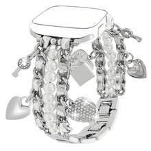 1pc Faux Pearl Beaded Watch Band Compatible With Apple Watch 38/40/41/42/44/45/46/49mm, Suitable For Women - Cuban Link Bracelet, With Cute Pendant Charm, Apple WatchWatch Seamsung Galaxy Watch 7/6/5/4/Active2 Classic 40/44mm, HUAWEI And Other 20mm/22mm Watch Faces (Band Only)