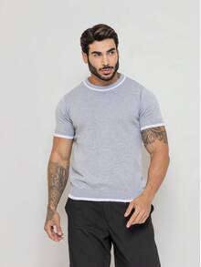Men's Rib Knit Short Sleeve T-Shirt Basic Chic Duocolor Links Crew Neck Premium Quality Spring Summer 26 Men's Rib Knit Short Sleeve T-Shirt Round Neck High Stretch Regular Fit Tee - 銀色 - 查看 2