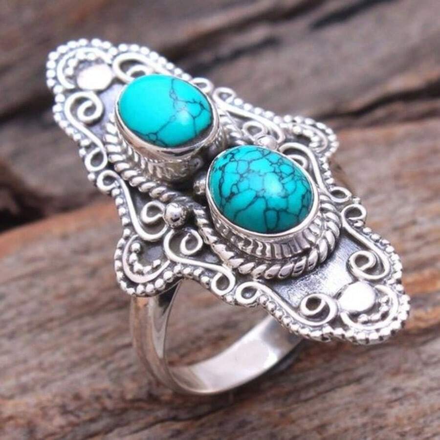 1 pieza Anillo elegante plateado con turquesa sintética, joyería diaria, regalo de aniversario, adecuado para fiesta, banquete, joyería y accesorios