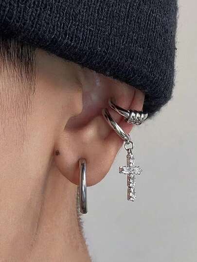 2pcs Asymmetric Silver Cross Ear Clips, Edgy Punk Style Single Ear Earrings, Exaggerated Fashion Asymmetric Earrings For Men