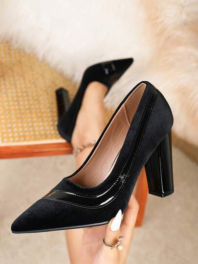 Große Größen Schwarze Dicke Absatz Spitze Zeh Bequeme Klobige High Heels, Elegant & Modisch für formelle Anlässe, Arbeit, Hochzeit