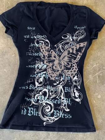 Women's Short Sleeve Y2K Butterfly Print V-Neck T-Shirt, Navy Blue