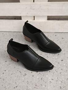 英伦风复古弹力设计一脚蹬高跟鞋女棕色春秋大码宽松单鞋女高跟尖头粗跟百搭鞋