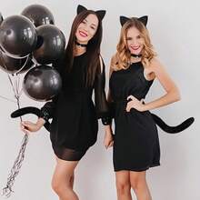 3 PCS Black Cat Costume Accessories Set For Women Black Cat Ears Headband Long Tail And Bell Choker Necklace Halloween Cats Cosplay Accessory Kit For Halloween Cosplay Dress Up Party Costume