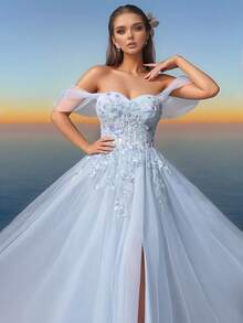 VIPGIRL Váy dạ hội trễ vai thêu vải tuyn màu xanh nhạt dành cho nữ, váy dạ hội xẻ cao, váy dạ hội dài, váy dự tiệc thanh lịch mơ mộng - Màu xanh bạc hà - Xem 9