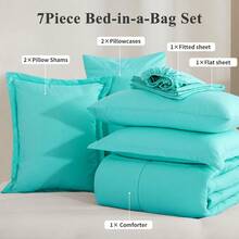 7pcs Ultra-Soft Bed In A Bag, Down Alternative Bedding Sets With All Season Quilted Comforter, Flat Sheet, Fitted Sheet, Pillowcases -Gifts For The Family And Friends - 綠松石 - 查看 4