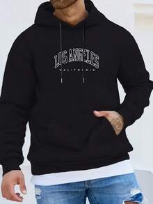 Los Angeles California Graphic Print Hoodie - 100% Polyester Sports Active Sweatshirt With Hood, Geometric Applique, Regular Fit Long Sleeve With Slight Stretch, Knit Fabric Casual Hip-Hop Style Outerwear - 黑色 - 查看 1