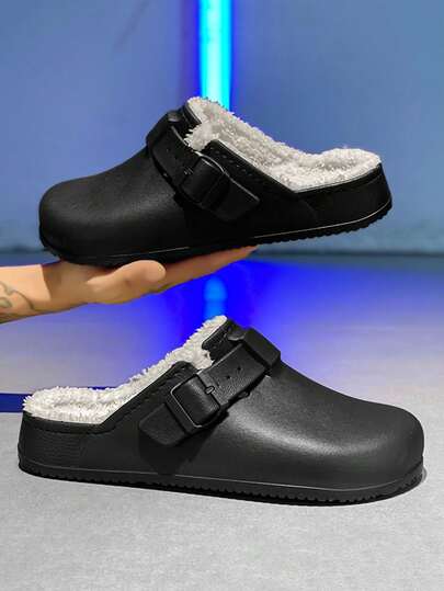 Winter Plush Couple Slippers Outdoor Thick Men's Shoes Comfortable Non-Slip Men's Casual Shoes Soft Thermal Lined Men's Sandals Solid Color Casual Home Slippers High Quality New Men's Snow Boots Boken Waterproof Shoes (Asymmetric Pattern)