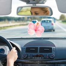 Ambientador de coche con flor de hibisco | Set de 5 piezas de accesorios de coche con aroma duradero y diseño lindo en color rosa para playa | Decoración colgante para espejo retrovisor interior del coche con aroma para mujeres y adolescentes
