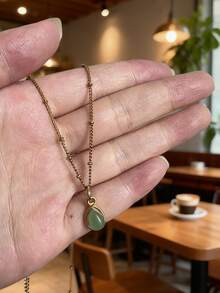 1pc Minimalist High-End Green Water Drop Pendant Stainless Steel Beaded Necklace, Suitable For Daily Wear, Best Gift For Women