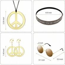 Unittype 5 Pcs 60s 70s Outfits Women Hippie Disco Costume Boho Flared Pant Peace Sign Necklace Earring Halloween Party - small - 查看 4