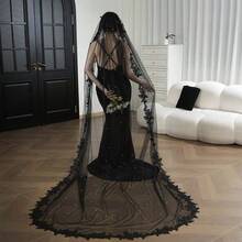 1 pieza Velo largo con adorno de encaje estilo gótico vintage y perlas falsas, adecuado para disfraz de Halloween, sesión de fotos