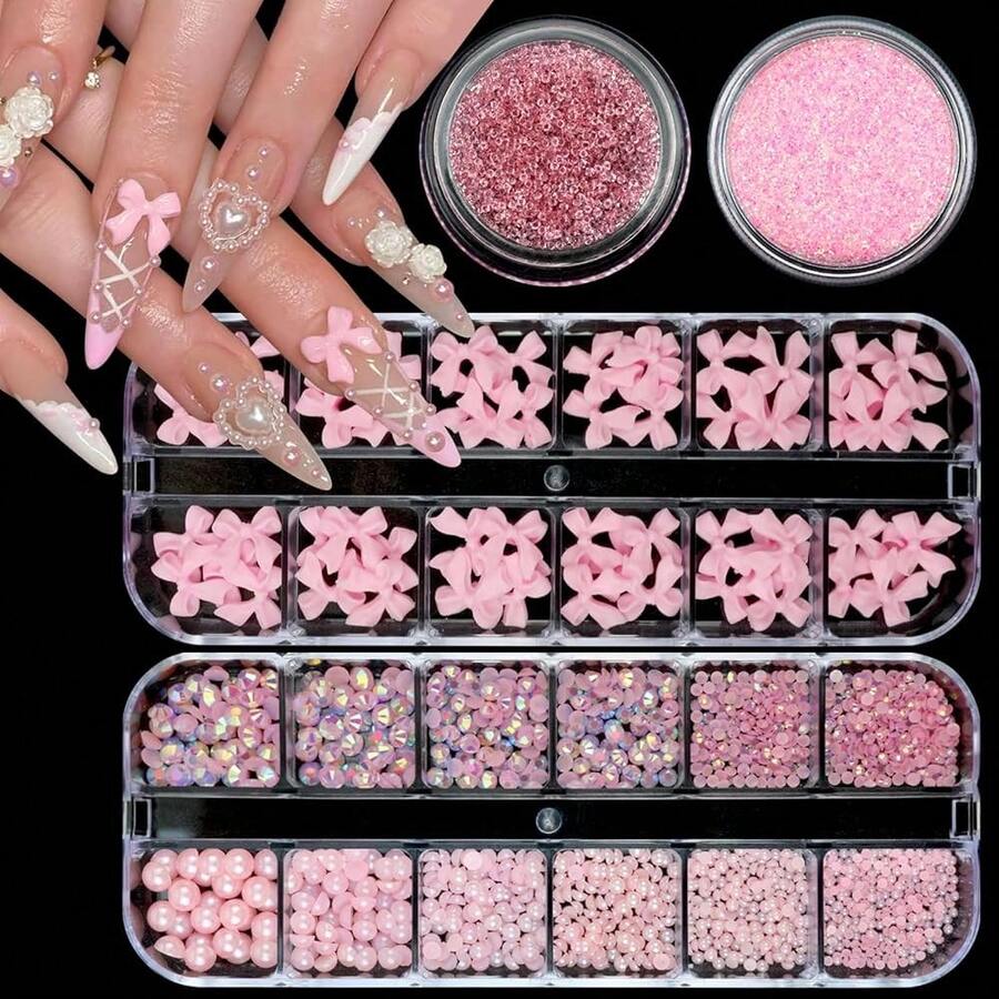 Nail Art Rhinestones Pink Bows Nail Charms Resin Clear Jelly Rhinestones Pearls Glitter Supplies Crystal Gems Mimi Diamond Accessories For Women Manicure Decorations Design{"Color_name":"Colorful-12"} - 彩色-12 - 查看 1