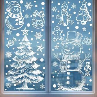 2pcs Christmas Theme Window Stickers, White Santa Claus, Snowman, Reindeer Static Cling Window Decals, Winter Christmas Decorative Stickers For Home, Hotel, Mall Holiday Decor Christmas Decorations Christmas Decoration Christmas Decorations Home Room Decor Home Decor