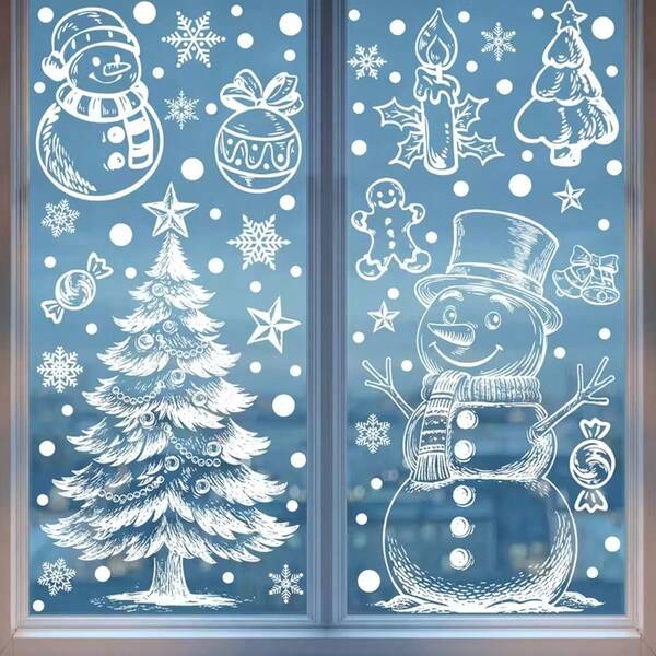 2pcs Christmas Theme Window Stickers, White Santa Claus, Snowman, Reindeer Static Cling Window Decals, Winter Christmas Decorative Stickers For Home, Hotel, Mall Holiday Decor Christmas Decorations Christmas Decoration Christmas Decorations Home Room Decor Home Decor