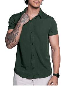 Linen Shirt Short Sleeve Formal Summer Fresh Italian Collar Elegant In Visco-Linen - Green - View 1