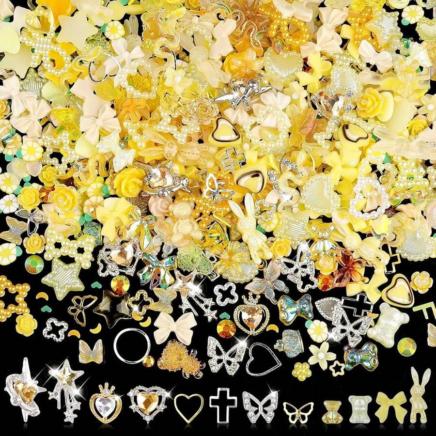 3D Flower Nail Charms Set,150pcs Mixed Size Camellia Rose Resin Charms,150pcs Mixed Size And Color Leaves,100pcs Round White Pearl Beads For Nail Accessories Nail Art (31-Metal-Yellow){"Color_name":"Metal-Yellow"} - 金屬黃 - 查看 1