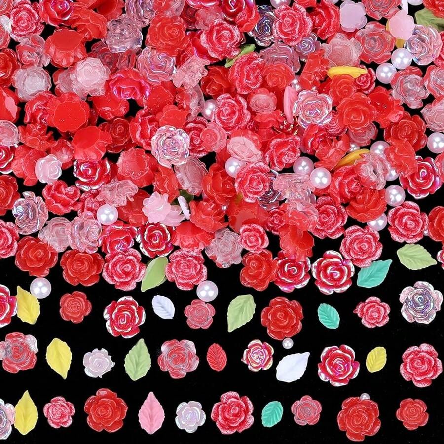 3D Flower Nail Charms Set,150pcs Mixed Size Camellia Rose Resin Charms,150pcs Mixed Size And Color Leaves,100pcs Round White Pearl Beads For Nail Accessories Nail Art (9-Camellia Red){"Color_name":"CamelliaRed"} - 山茶花紅 - 查看 1