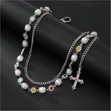 Biżuteria z kryształkami na talię, łańcuszek z perełkami, pas biodrowy, gotycki krzyż, łańcuszek do spodni, hip-hopowe dżinsy, breloki do kluczy, biżuteria dla mężczyzn i kobiet - Łańcuch do spodni z kwiatem perłowym - Zobacz 8