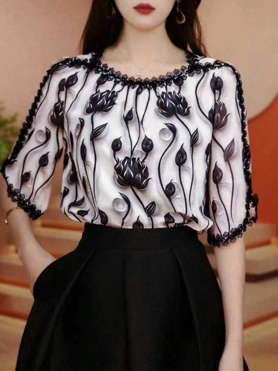 优雅花卉印花衬衫，高端时尚夏季款 - 彩色 - 查看 1