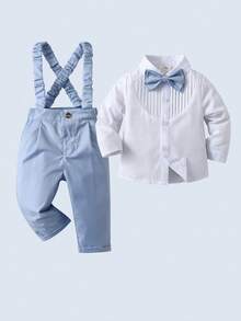 BOARNSEORL 2 piezas Conjunto de caballero para niños pequeños - Camisa de manga larga blanca con moño y pantalones con tirantes, de moda y para fiesta de cumpleaños, evento formal, boda, bautizo, 1er cumpleaños - Azul - Ver 3
