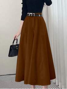 Solid Color High Waist Skirt With Pockets On Both Sides And Wide Hem - Coffee Brown - View 2