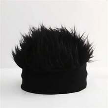 Personalized Men's Knitted Hat With Wig, Hip-Hop Fashion Brimless Hat, Men's Party Cosplay Accessory - 黑色 - 查看 7
