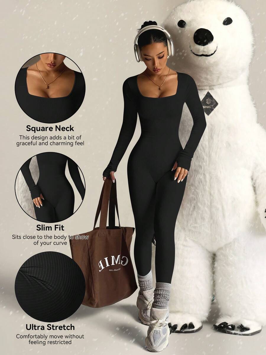 Mono para mujer, conjunto de pilates para mujer, atuendos de otoño para mujer, mono ajustado de un solo color, ropa de gimnasio de manga larga para mujer, atuendos de esquí