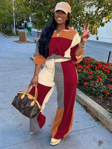 Spring And Autumn Casual Splicing Women's Two Pieces Long Sleeve Zipper Pullover Hem Waisted Top Elasticized Waist Pocket Straight Drawstring Pants Street Sweat Suit - Đỏ đậm + cam - Xem 6